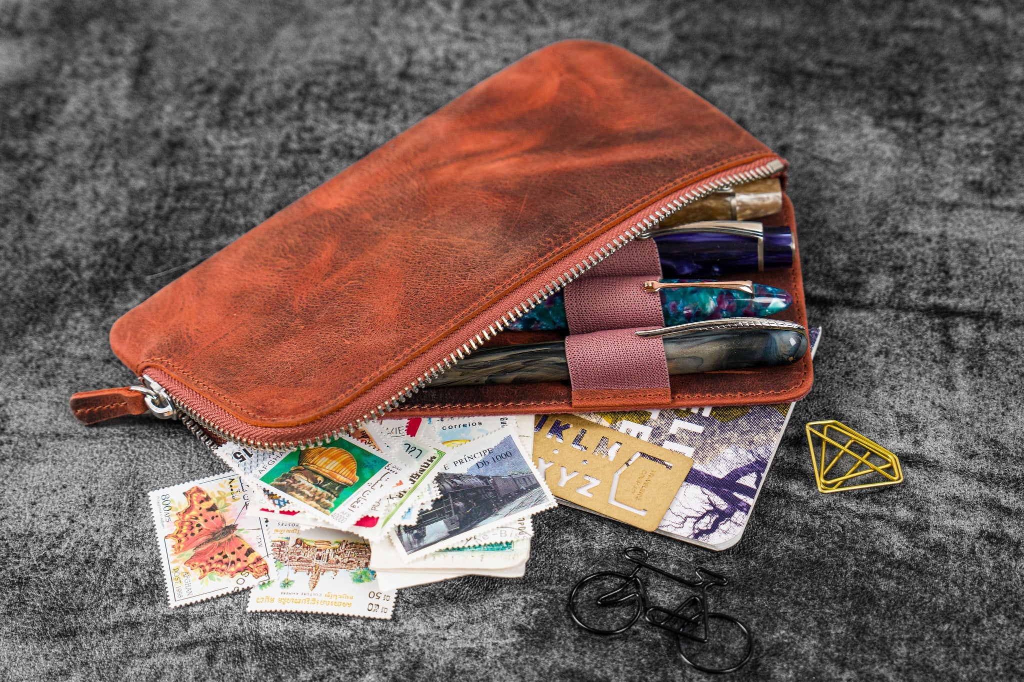 Galen Leather Co. Slip-N-Zip 4 Pen Pouch - Crazy Horse Orange - Image 2