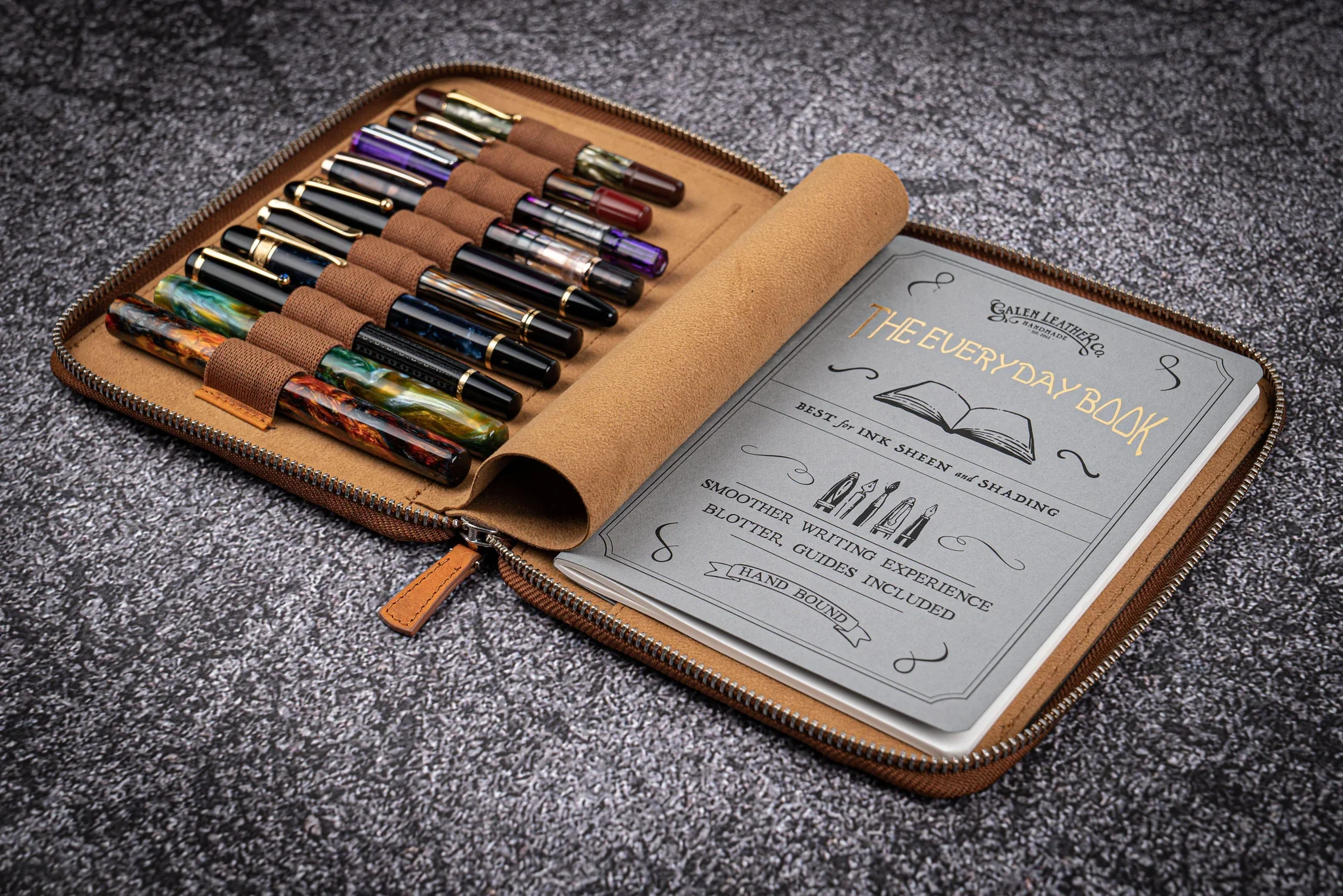 Galen Leather Co. Zippered 10 Slot Pen Case with A5 Notebook Holder - Crazy Horse Honey Ochre - Image 2