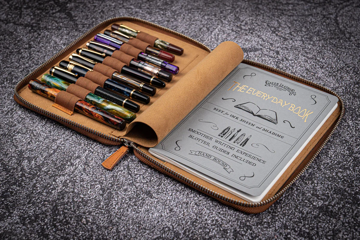 Galen Leather Co. Zippered 10 Slot Pen Case with A5 Notebook Holder - Crazy Horse Tan - Image 2