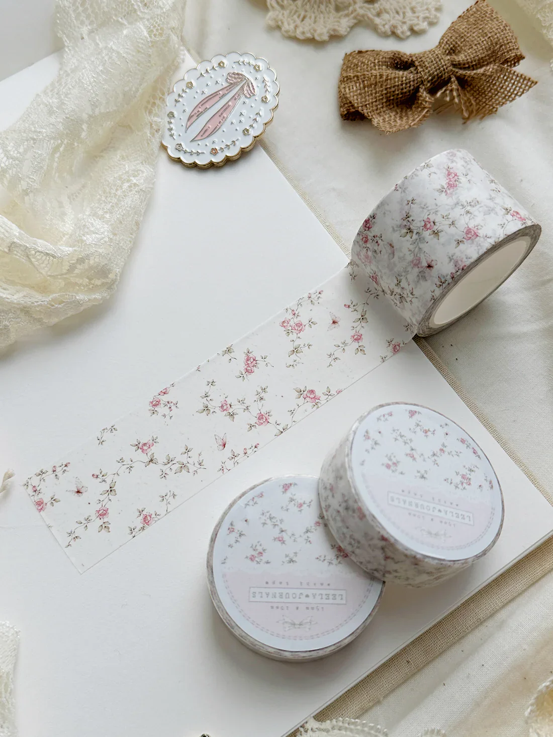 Leelajournals Washi Tape - Pink Roses on Ivory - Image 2